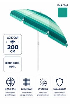 Plaj Sahil Balkon Bahçe Şemsiyesi Yeşil Renk Bidonsuz Kalın Kumaş 2 Metre, Eğilebilir 10 Telli Uv Korumalı YEŞİL