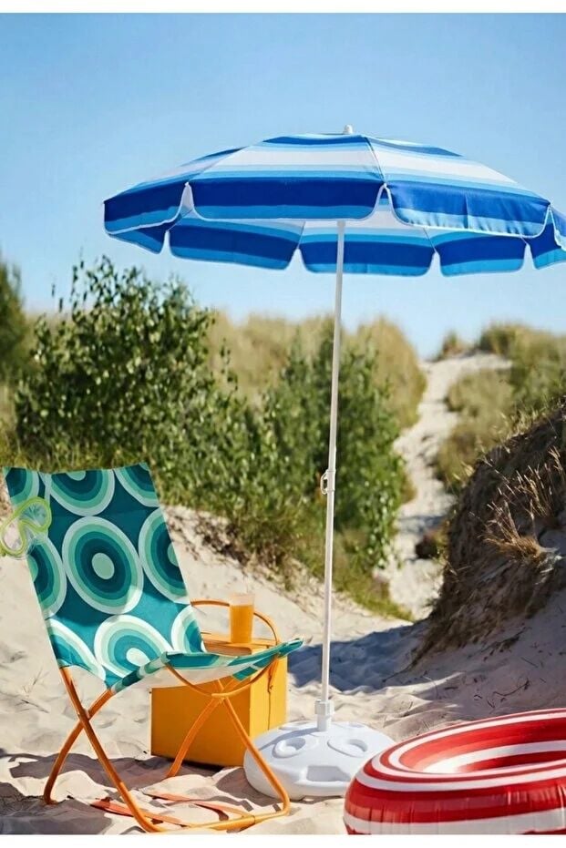 Plaj Sahil Balkon Bahçe Şemsiyesi Mavi Beyaz Renk Bidon Dahil Kalın Kumaş 2 Metre, Eğilebilir 10 Telli Uv Korumalı