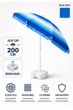 Plaj Sahil Balkon Bahçe Şemsiyesi Mavi Beyaz Renk Bidon Dahil Kalın Kumaş 2 Metre, Eğilebilir 10 Telli Uv Korumalı